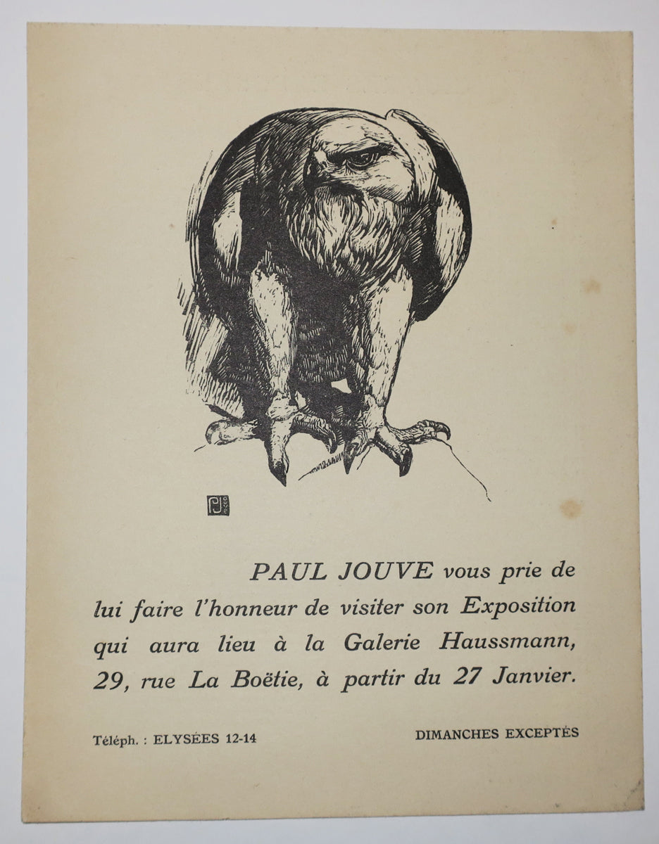Invitation pour l'Exposition de Paul Jouve, à la Galerie Haussmann, 29 rue La Boëtie, à partir du 27 janvier