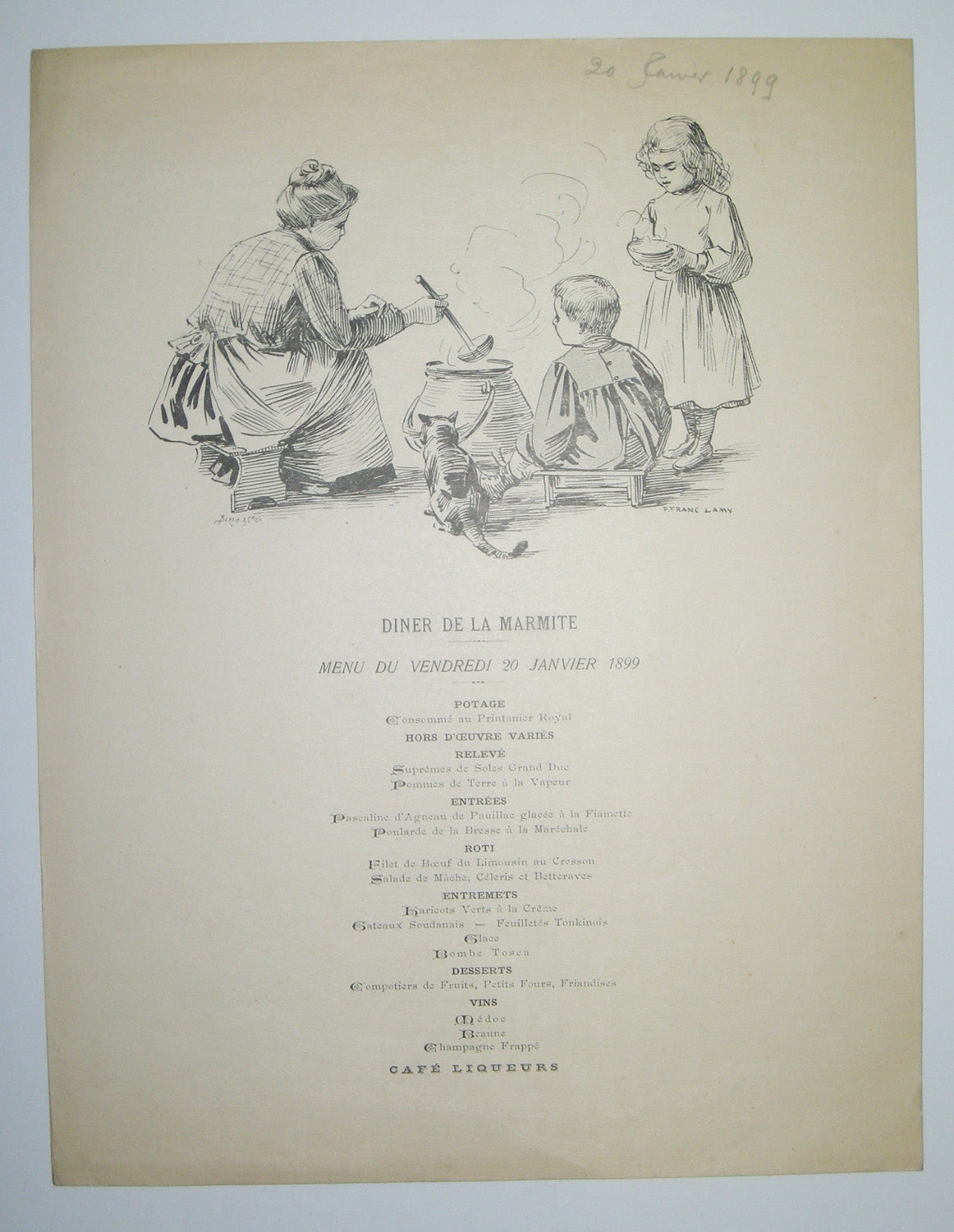 Dîner de la Marmite. Menu du vendredi 20 janvier 1899.