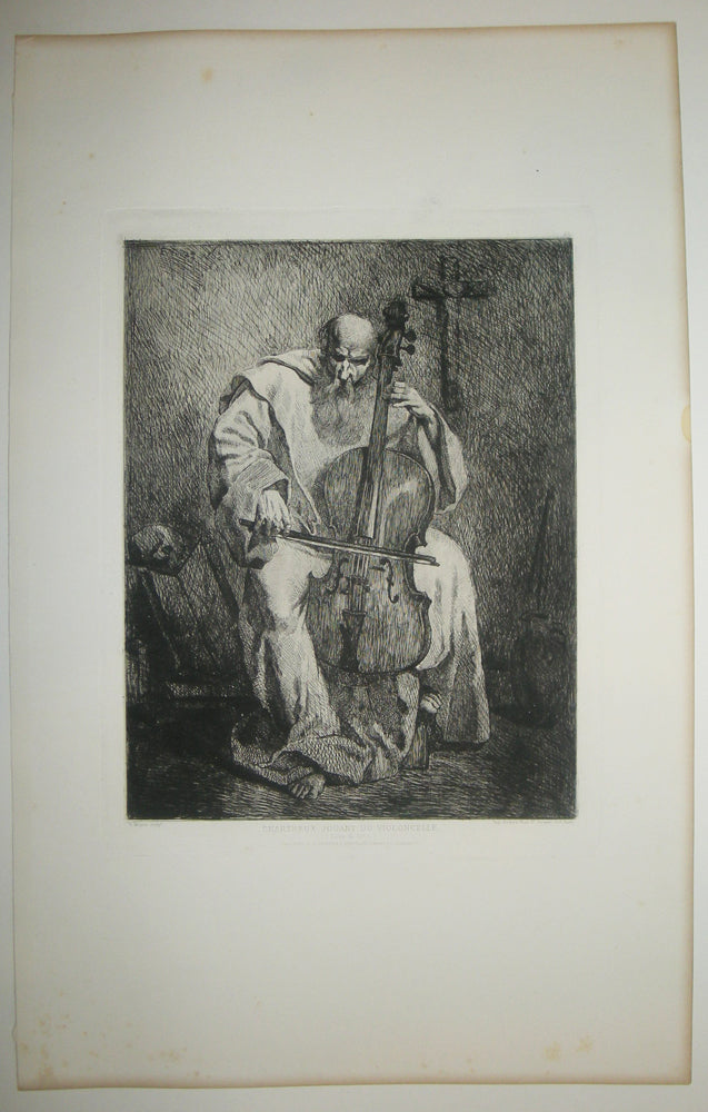 Chartreux jouant du violoncelle.