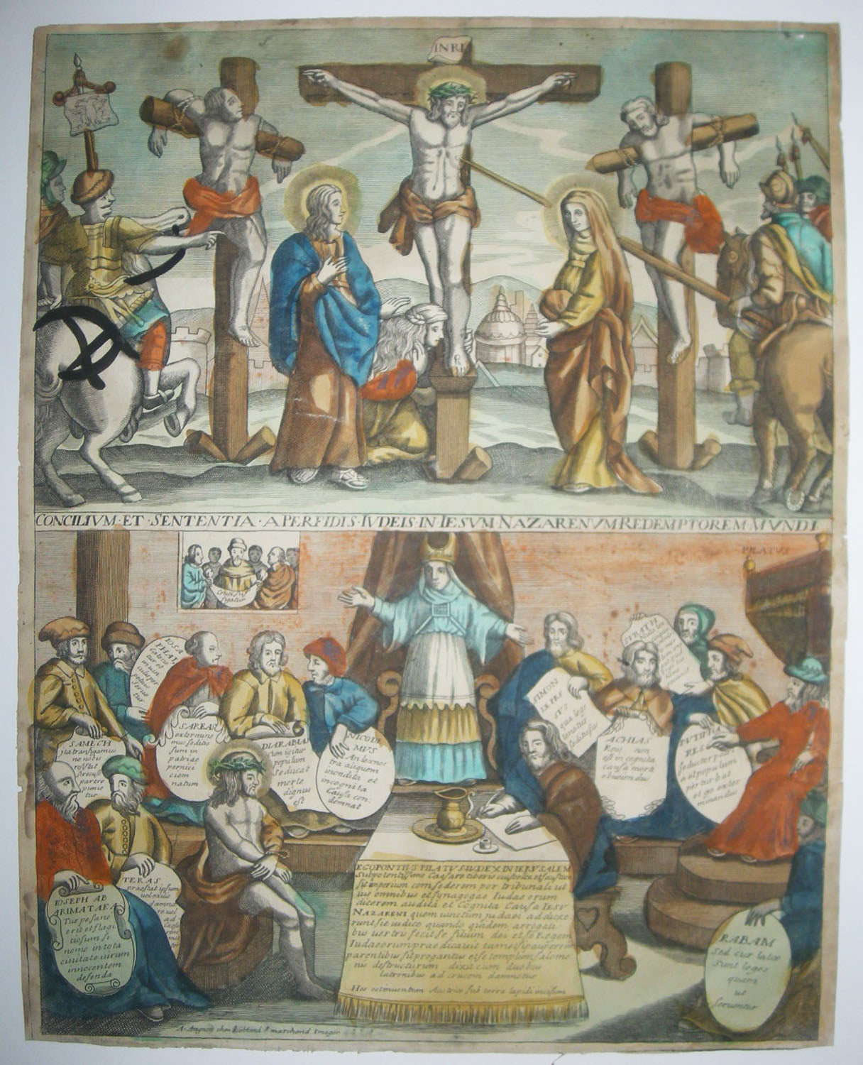 Feuille en hauteur à deux sujets: Le Christ condamné par les Juifs & Le Christ sur la Croix. (Concilium et sententia a perfidis Judeis in Jesum Nazarenum redemptorem mundi).