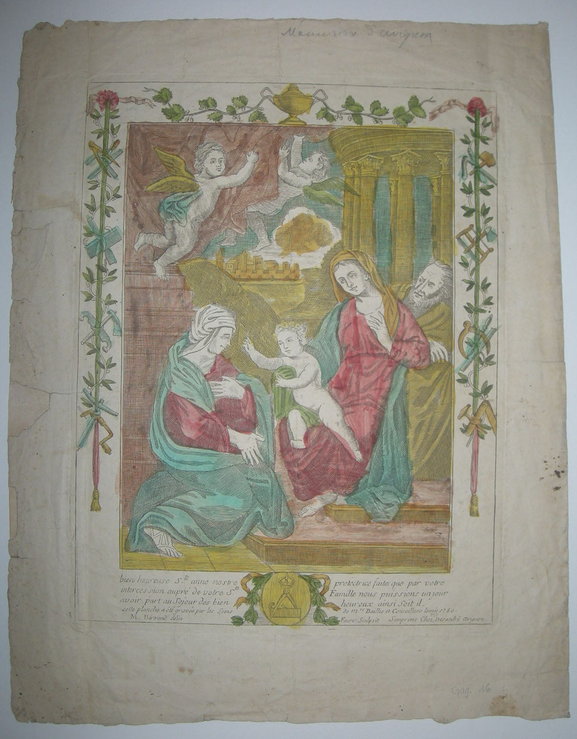 Bienheureuse Ste Anne nostre protectrice, faites que par votre intercession auprè de votre Ste Famille, nous puissions un jour avoir part au Séjour des bienheureux, ainsi soit-il.