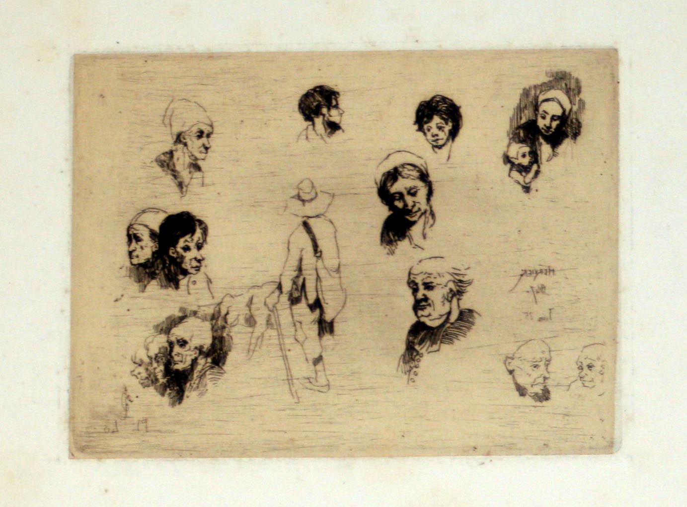 Croquis de têtes d'hommes avec canne.
