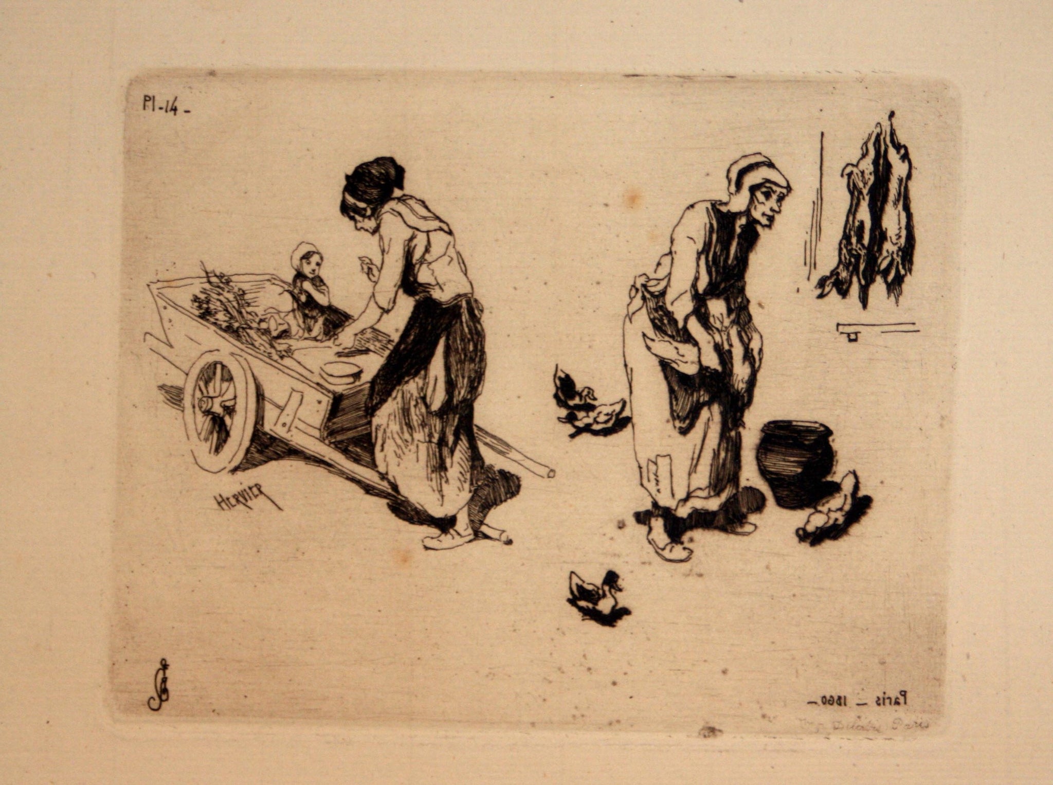 Deux croquis: Femme avec voiture à bras et femme dans sa basse-cour.