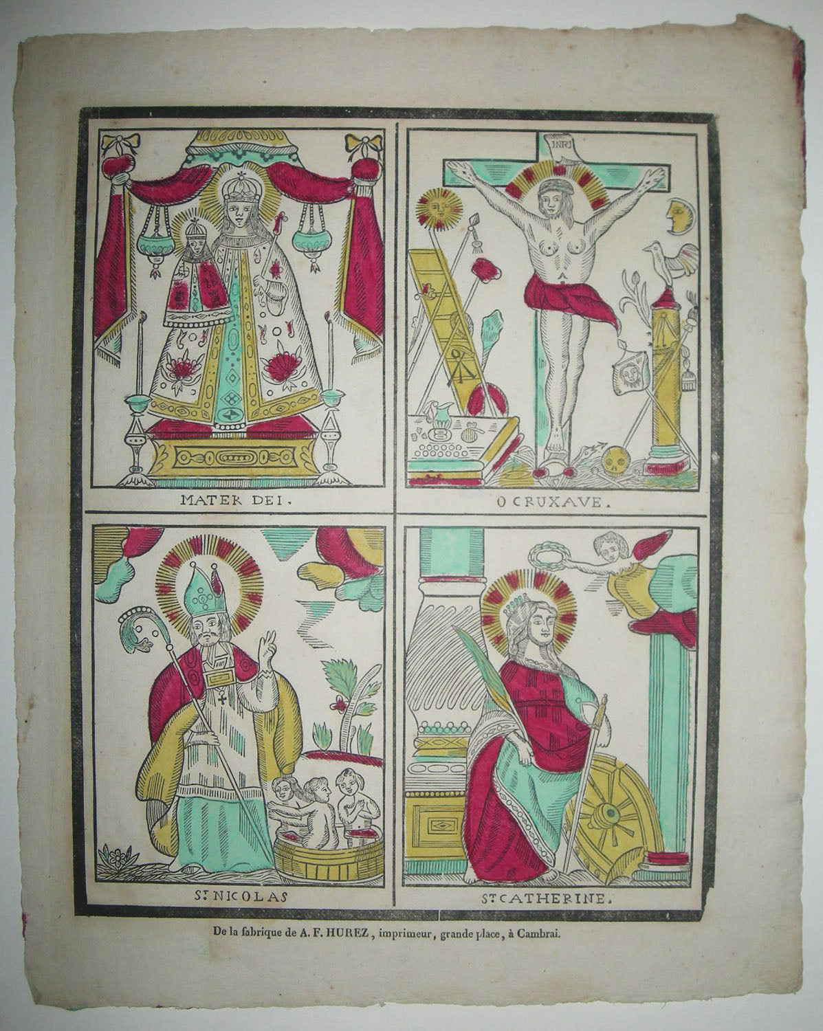 Feuille en hauteur à quatre sujets: Mater Dei, O Cruxave, St Nicolas & Ste Catherine.