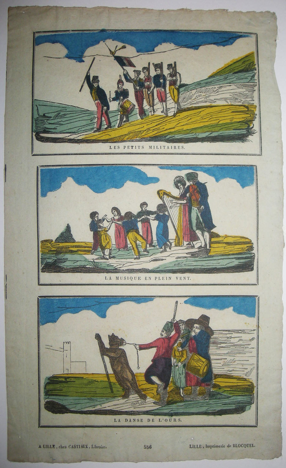 Feuille en hauteur à trois sujets: Les petits militaires, La Musique en plein vent & La danse de l'ours.
