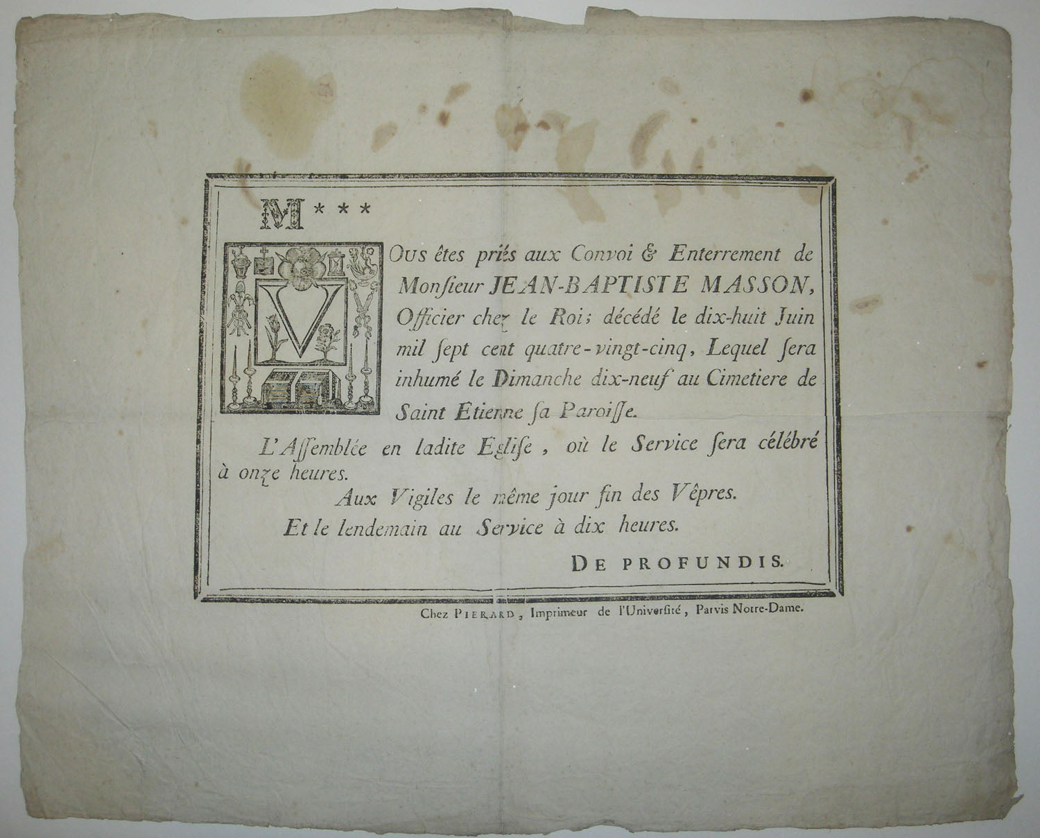 PLACARD MORTUAIRE de Monsieur Jean-Baptiste Masson, Officier du Roi.