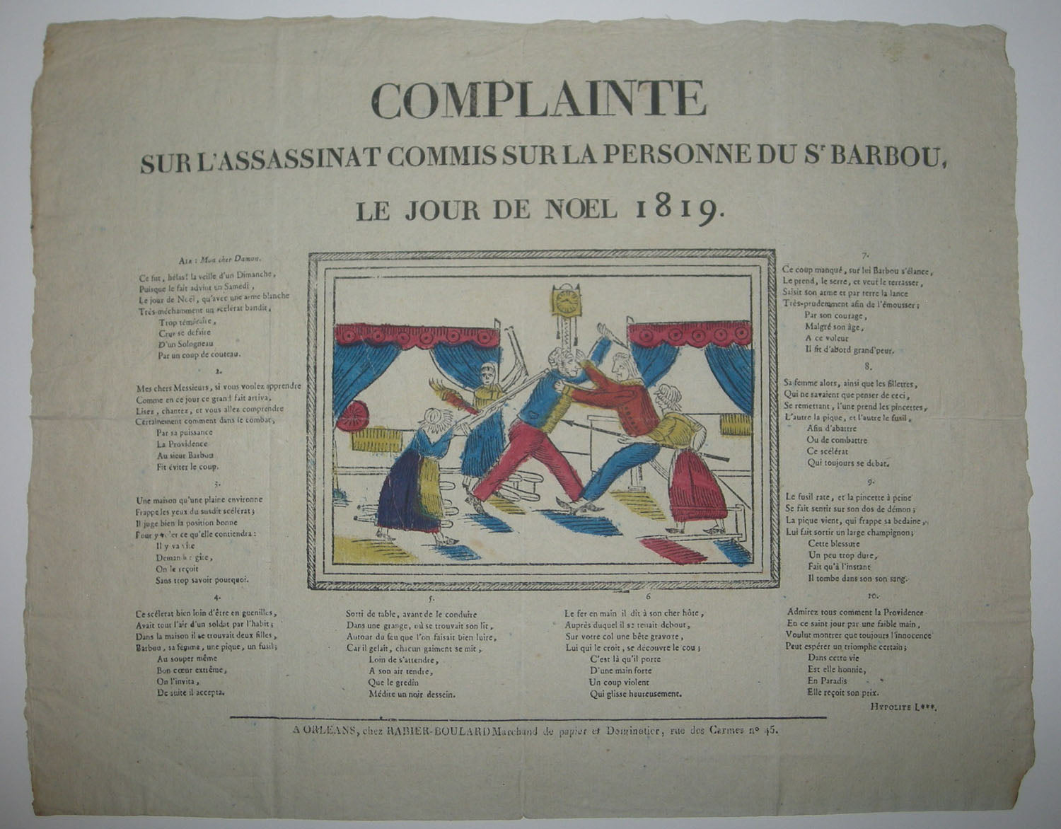 Complainte sur l'assassinat commis sur la personne du Sr Barbou, le jour de Noël 1819.