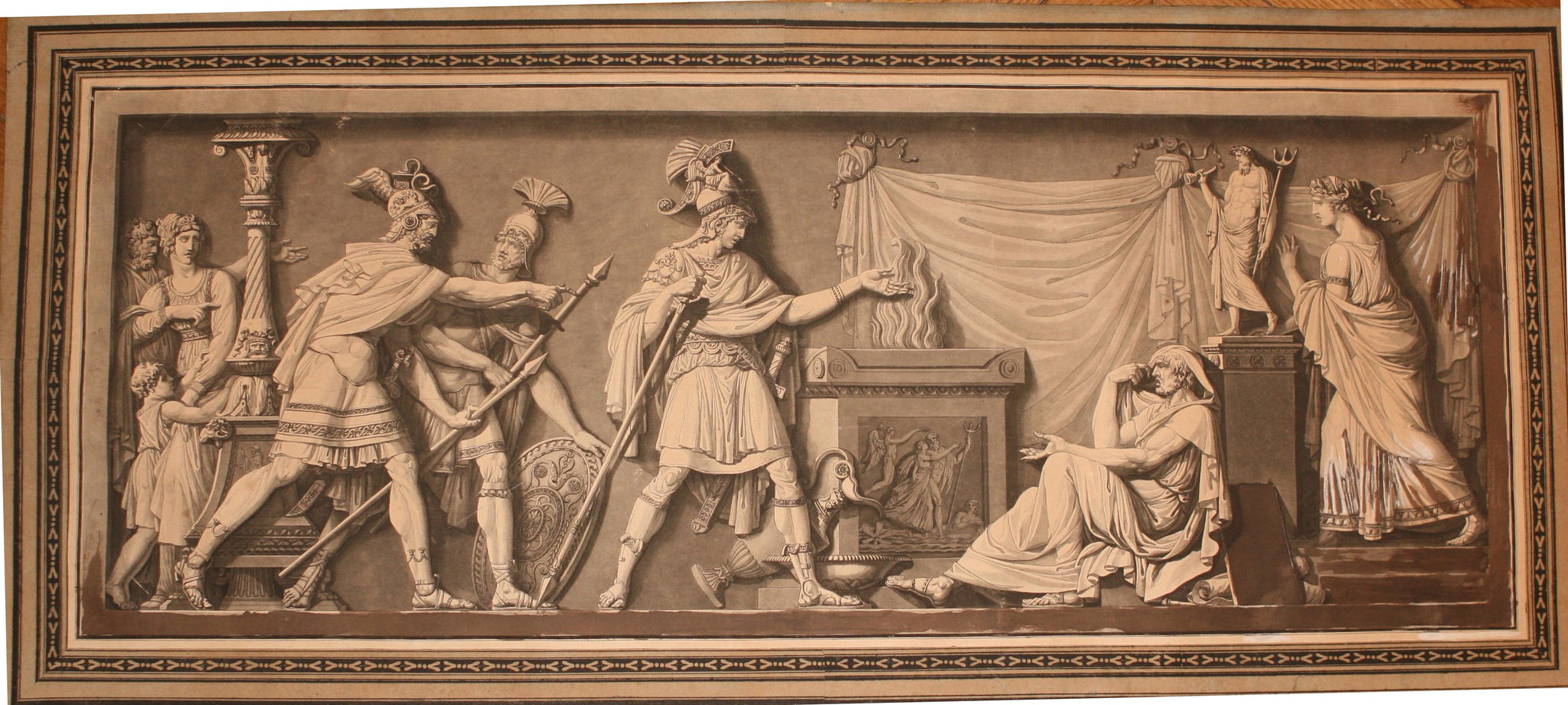 Les derniers moments de Démosthène. Bas-relief antique. Démosthène, poursuivi par les soldats d'Antipatros, s'empoisonne dans le temple de Poséidon (Ile de Calaurie).