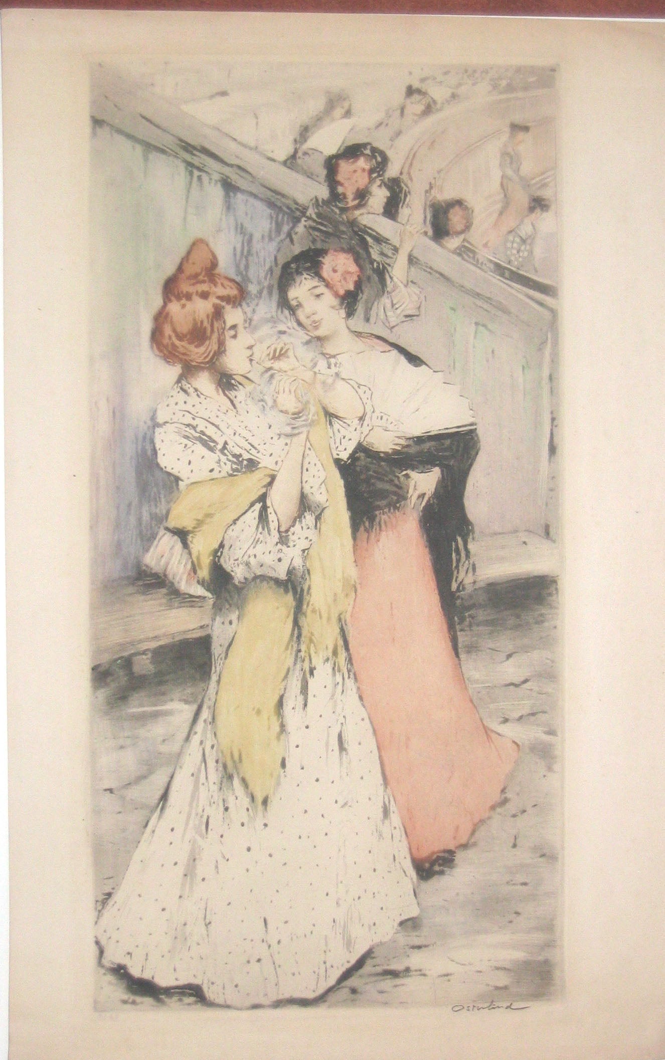 Trois spectatrices espagnoles dans une arène, l'une allumant une cigarette.