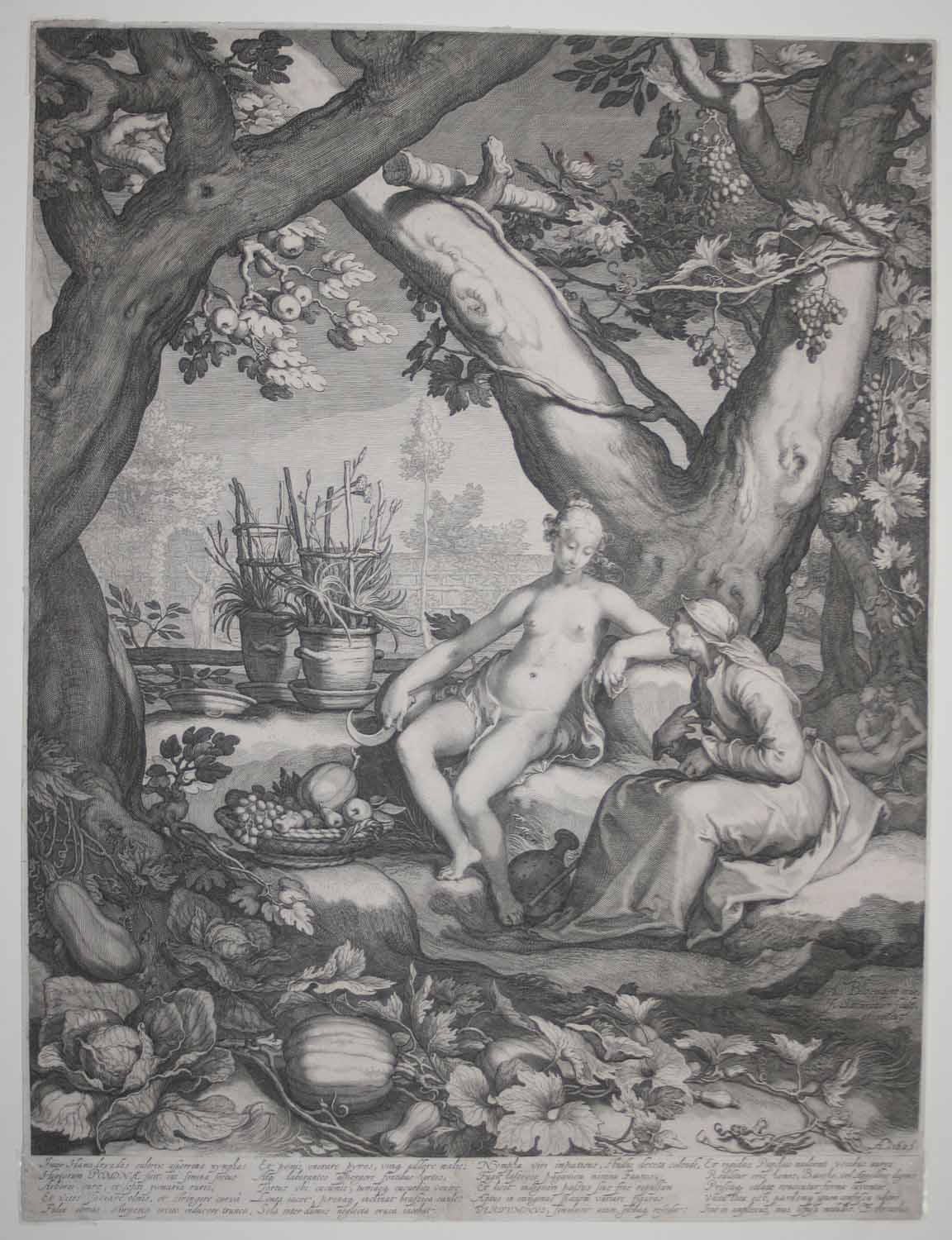 Vertumne empruntant la figure d'une vieille, pour inspirer de l'amour à Pomone, déesse des jardins.