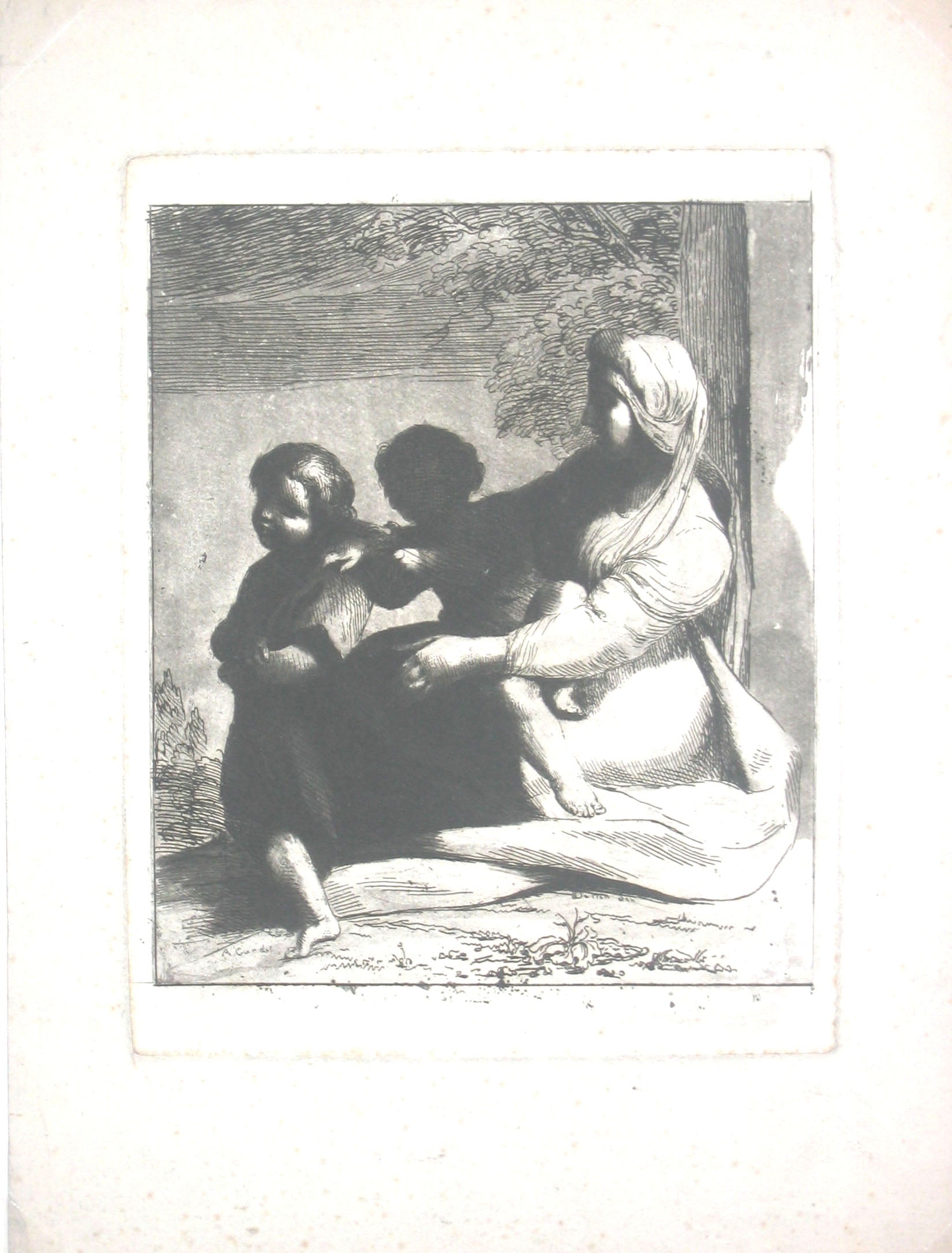 Femme assise et deux enfants (La femme est assise de profil à gauche et tient sur ses genoux un enfant nu, sui pose une de ses mains sur l'épaule de l'autre enfant, debout devant lui).
