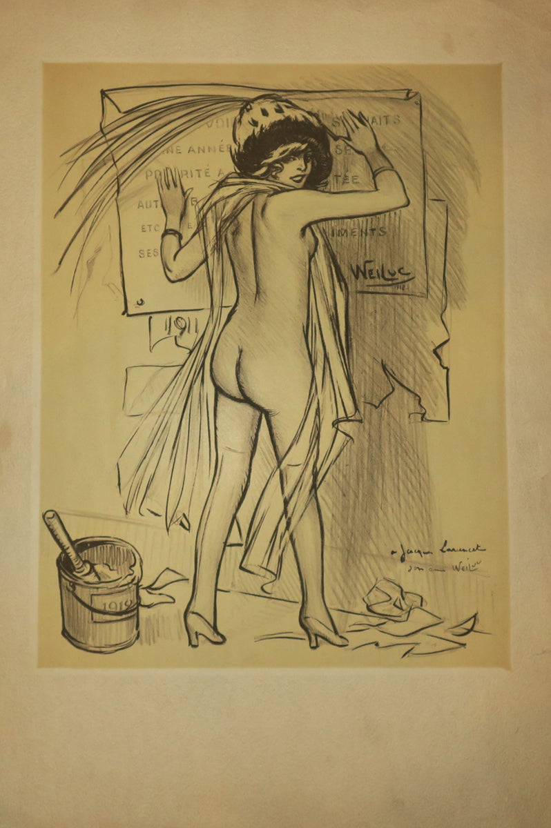 Souhaits pour 1911. (Jeune femme dénudée, de dos, tenant contre le mur l'affiche annonçant les bons souhaits).