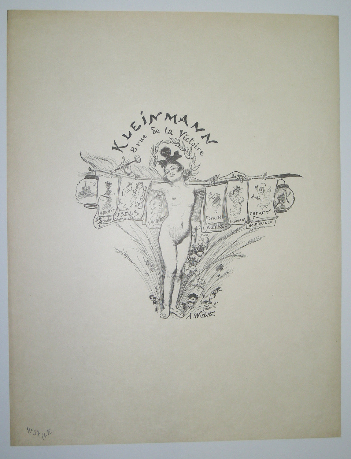 Illustration pour Kleinmann pour la 1ère publication de L'Escarmouche (Représente les différents artistes présentés par Kleinmann à sa Galerie située au 8 rue de la Victoire... Boutet, Steinlen, Ibels, Forain...).