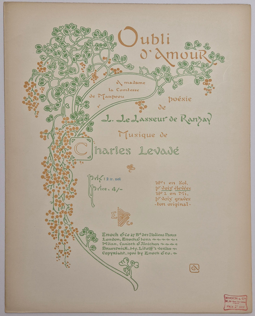 Oubli d'amour. Poésie de L. Le Lasseur de Ranzay.