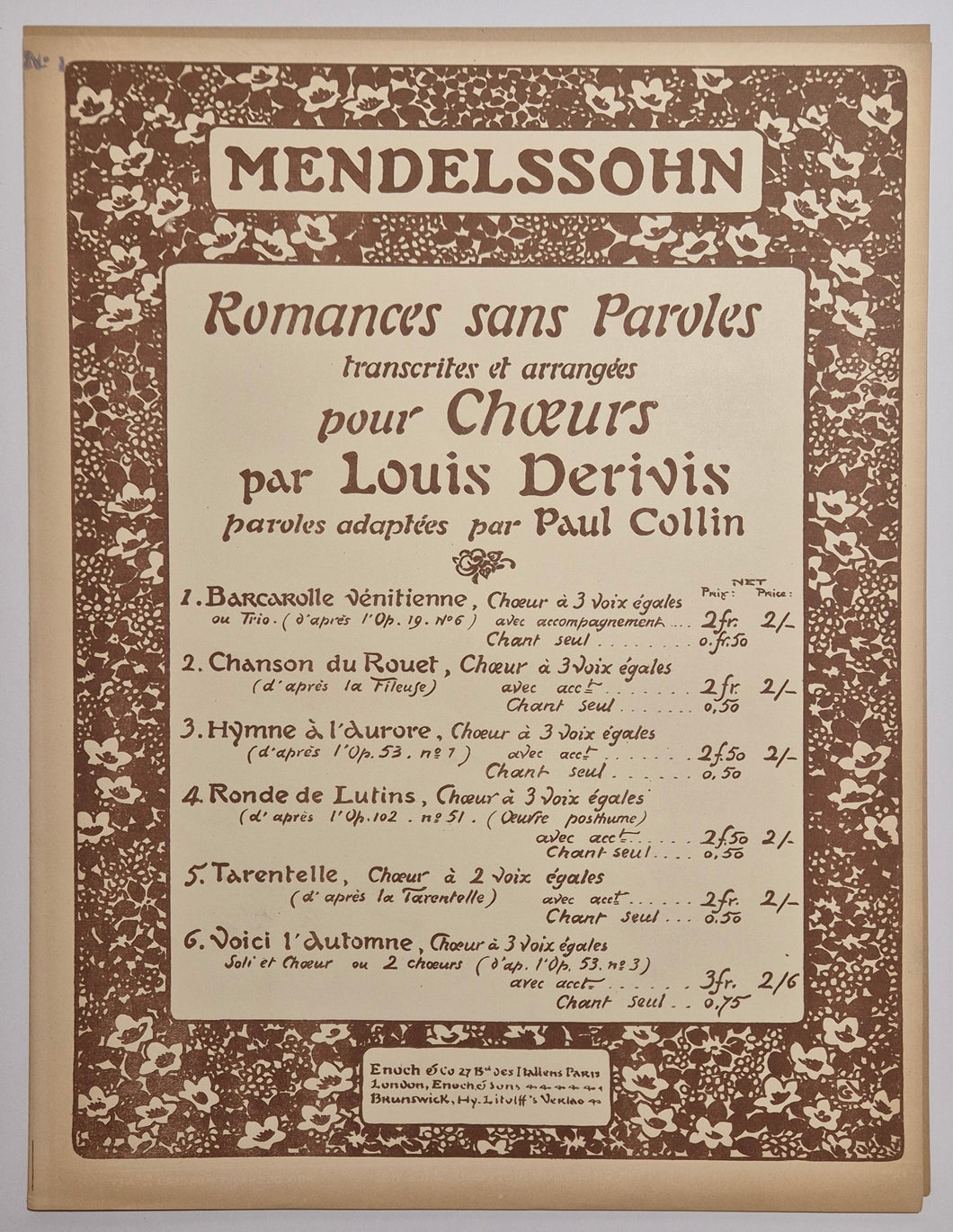 Romances sans paroles, transcrites et arrangées pour Chœurs par Louis Derivis (n°1, Barcarolle vénitienne).