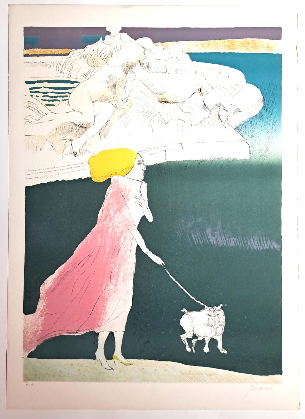 GUIRAMAND Paul. Femme promenant le chien. Lithographie en couleurs signée. 