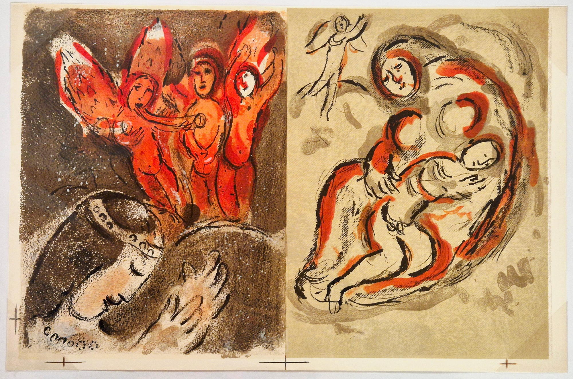 Marc CHAGALL - Sara et les Anges et Agar dans le désert. Lithographie originale, imprimée en couleurs. 