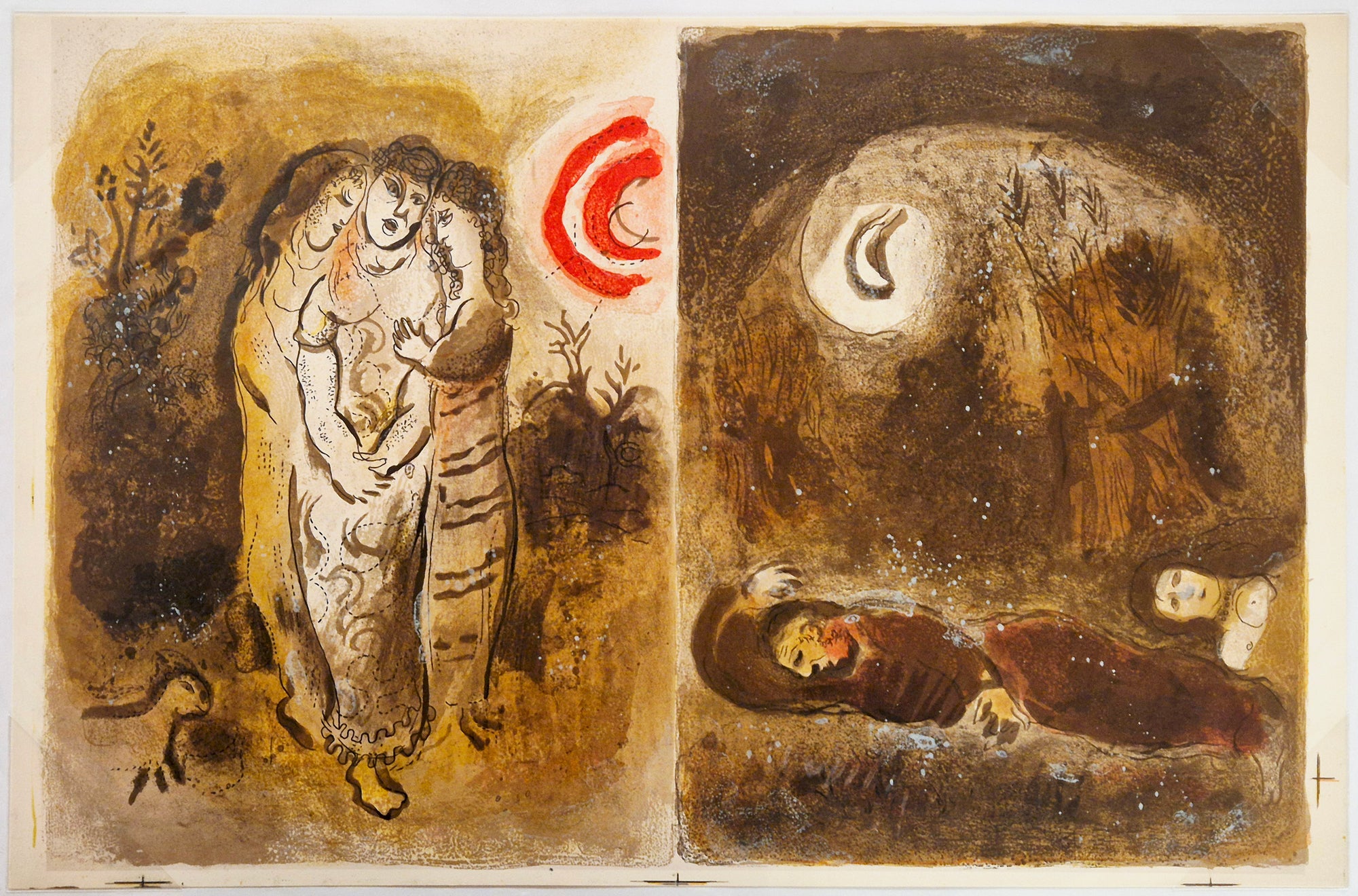 Marc CHAGALL - Noémie et ses belles-filles et Ruth aux pieds de Booz. Lithographie originale, imprimée en couleurs. 