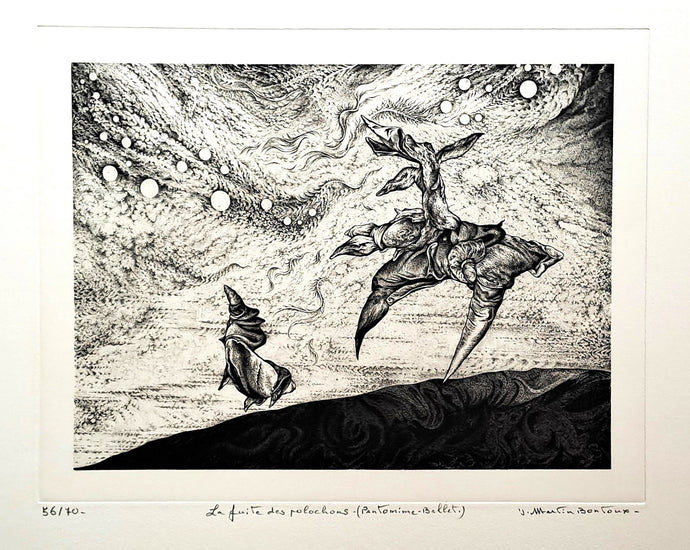 MARTIN-BONTOUX Jean. La fuite des polochons. Gravure signée. 