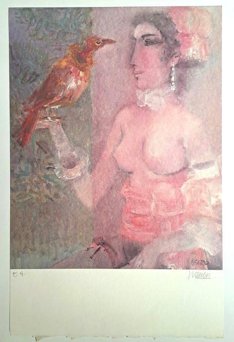 MENTOR Blasco. Woman with bird. Estampe en couleurs signée. 