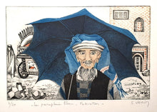 Charger l&#39;image dans la galerie, VRAIN Simone Le parapluie bleu. Gravure en couleurs. 
