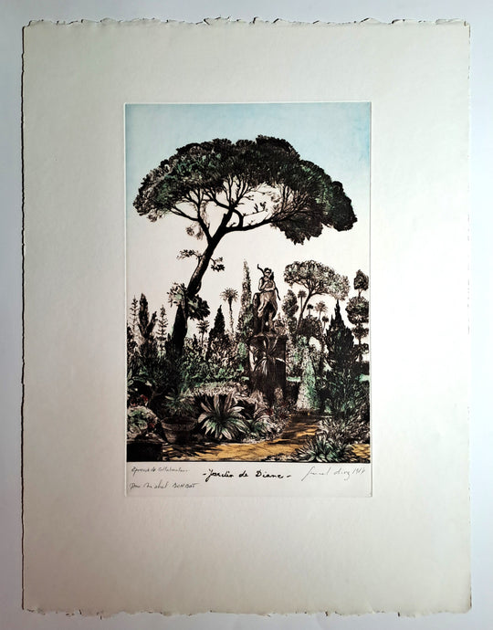 DIAZ Gérard. Jardin de Diane. Gravure en couleurs signée. 