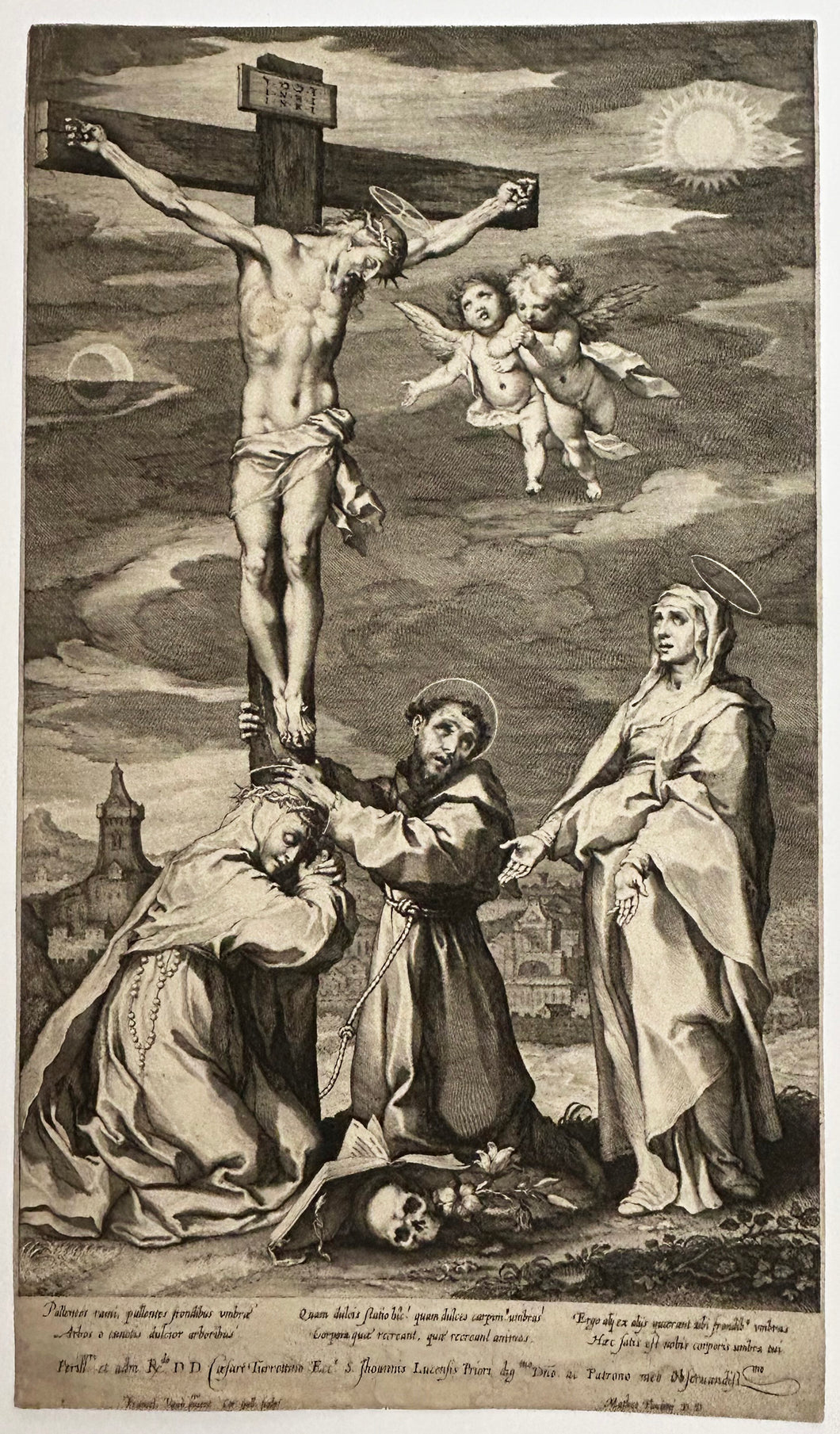 Le Christ sur la croix, la Vierge, St François et Ste Catherine à ses pieds.  c.1600.