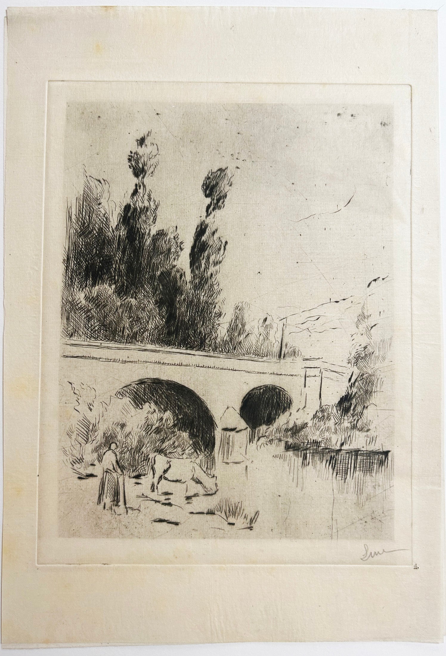 [Paysanne et sa vache au pied d'un pont].