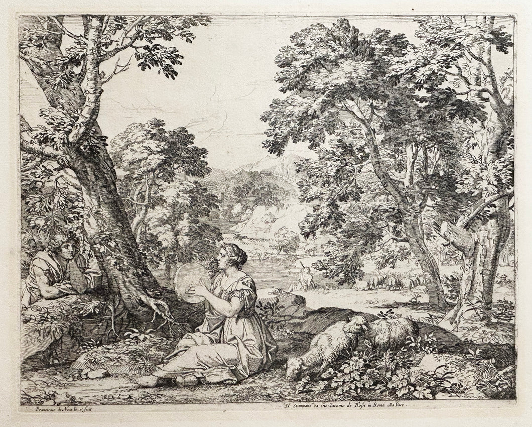 Femme assise, jouant du tambour de basque, et un berger.