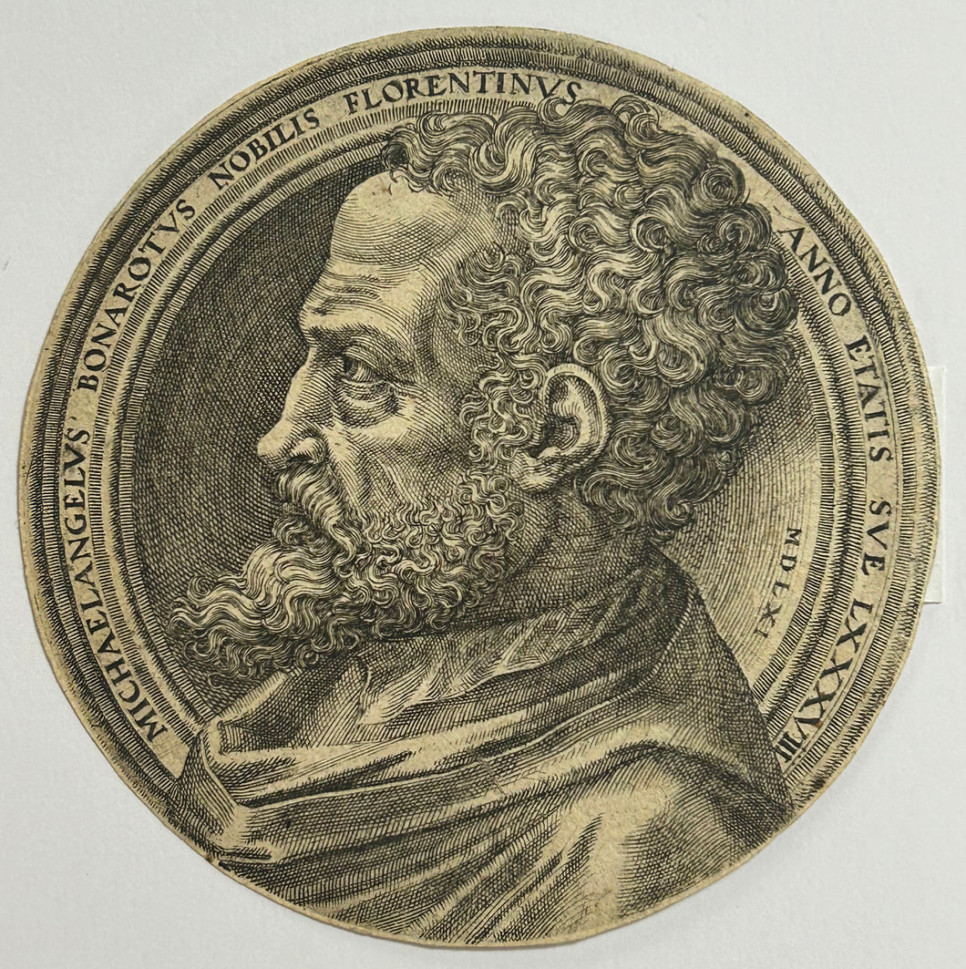 Portrait en médaillon de Michelangelo di Lodovico Buonarroti Simoni, de profil à gauche.  c.1560.