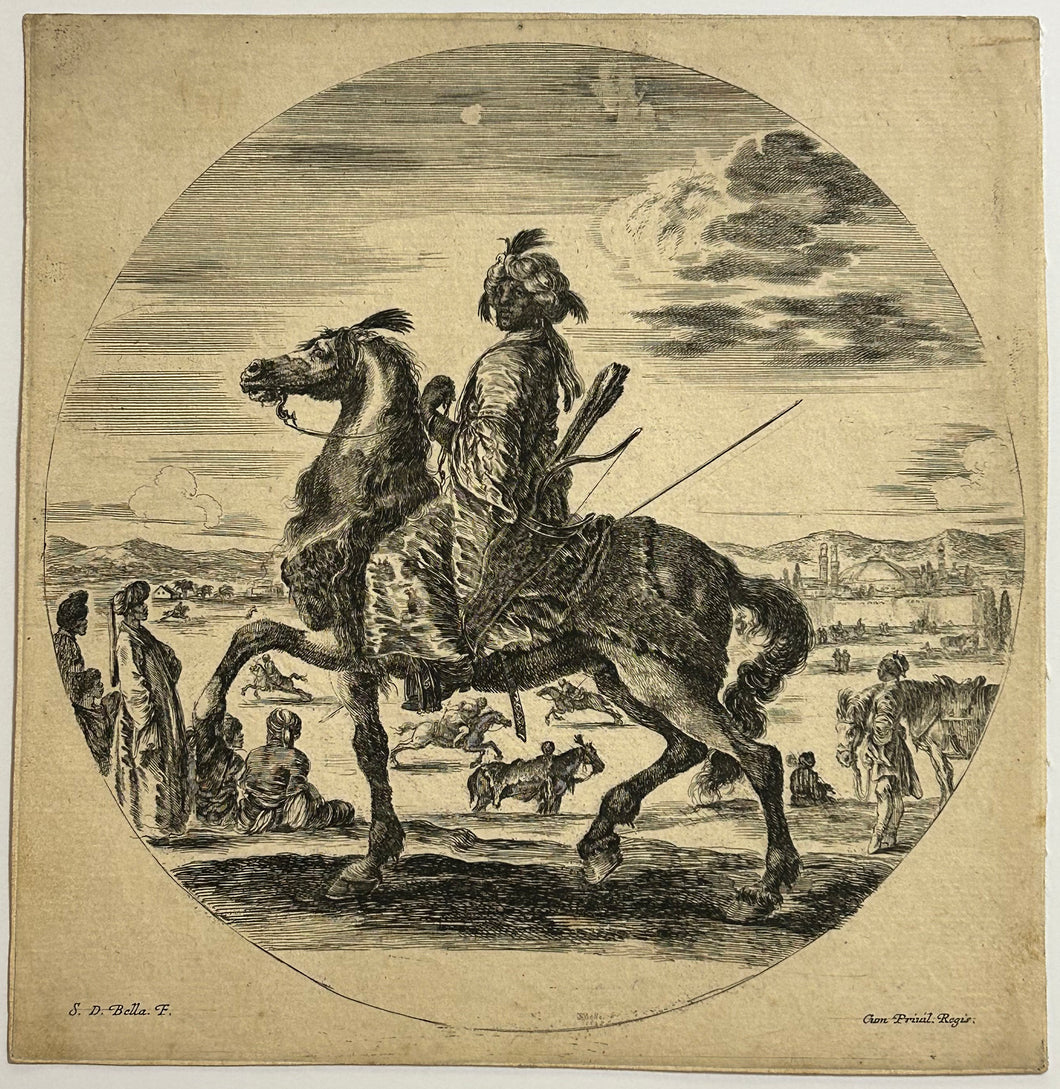Un cavalier nègre se dirigeant vers la gauche, portant derrière son dos son arc et son carquois.