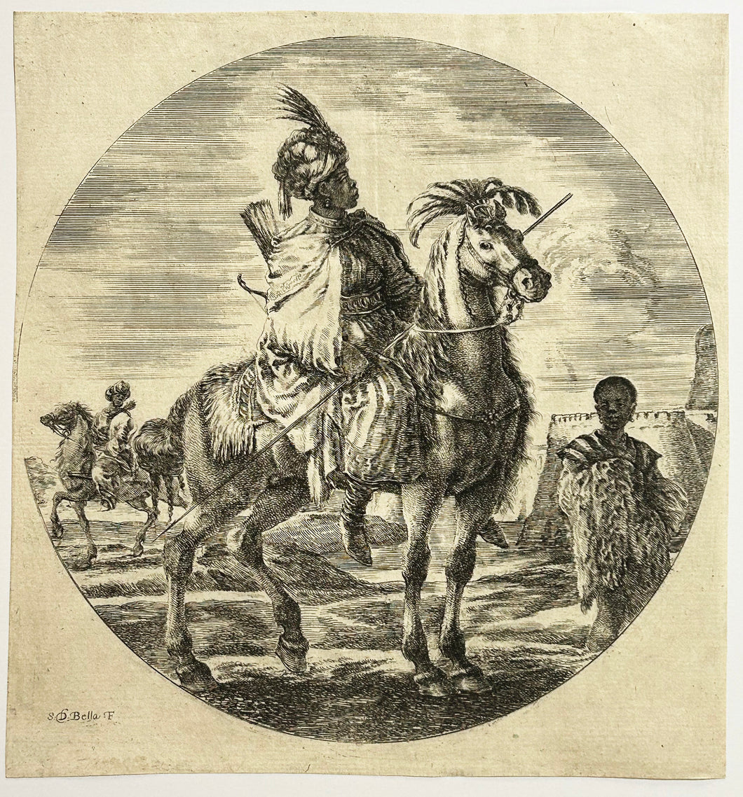Un cavalier nègre, allant vers la droite, tenant un dard à la main.