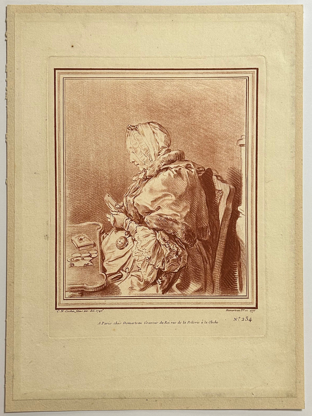 Une dame assise faisant un médiateur (Portrait présumé de Madame Geoffrin).  1770.
