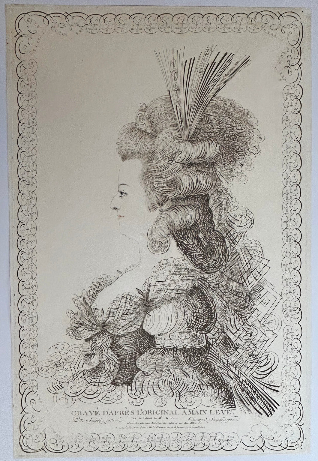 Portrait de Marie Antoinette (1755†1793), Reine de France; gravé d'après l'original à la main levée.  1787.