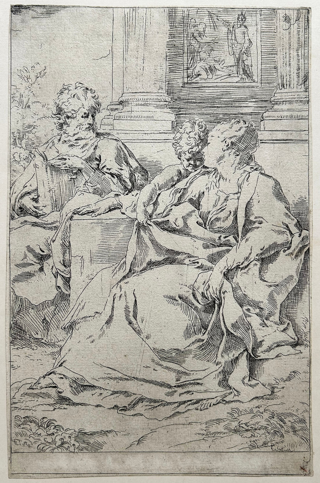 La Sainte Famille assise ensemble devant une colonnade, Saint Joseph lisant et le jeune Christ saisissant la draperie de la Vierge. c.1610-1615.