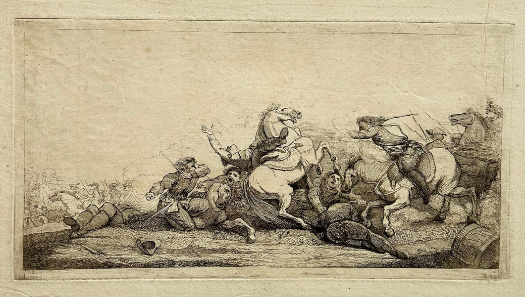 Bataille avec un cavalier renversé de son cheval qui se cabre. 1779.