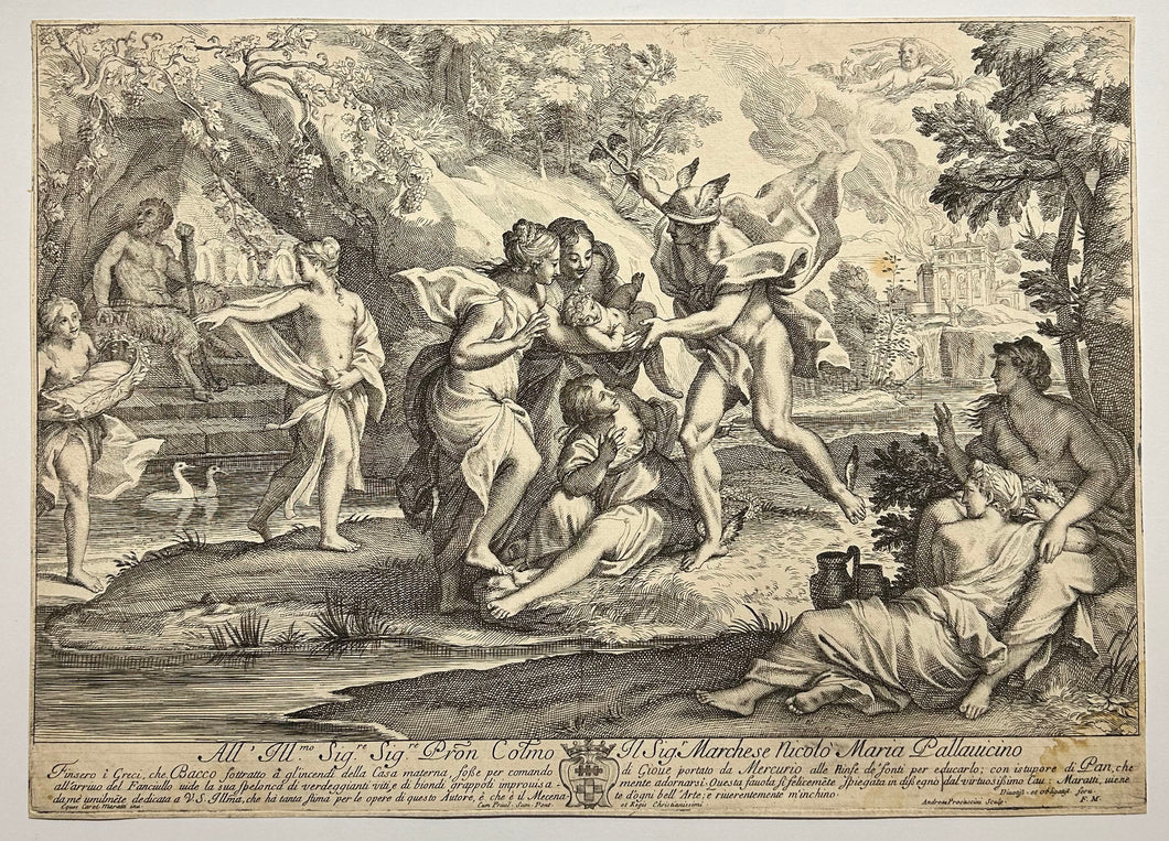 Mercure livrant par ordre de Jupiter l'enfant Bacchus, sauvé des flammes, aux nymphes de la fontaine.