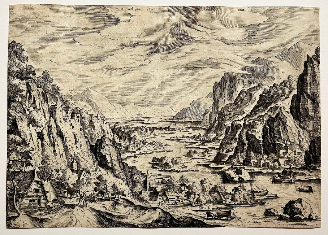 Grand paysage fluvial avec des montagnes. 1562.
