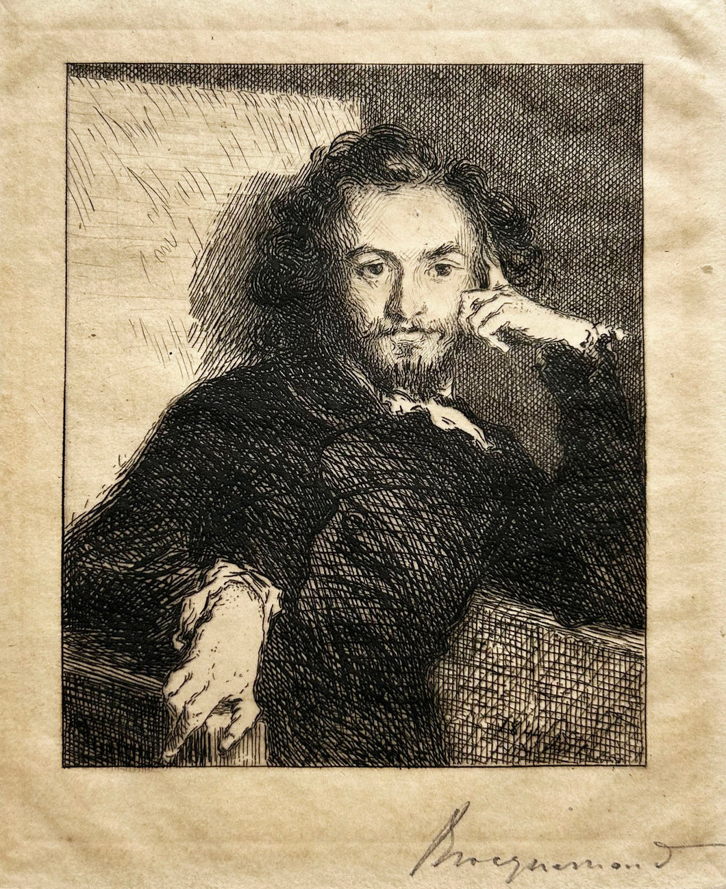 Félix BRACQUEMOND. Portrait de Baudelaire, de face, avec la barbe.  1869. Eau-forte d'après Deroy. 