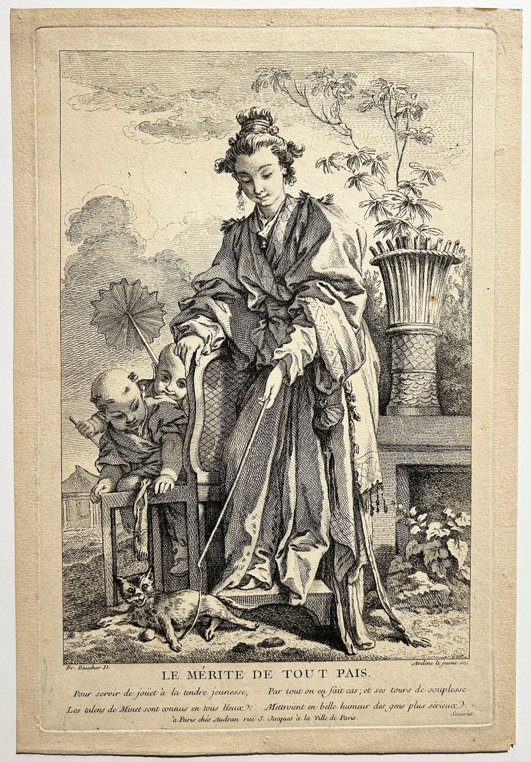 François BOUCHER (d'après). Le Mérite de tout pays. Eau-forte gravée par Aveline. 