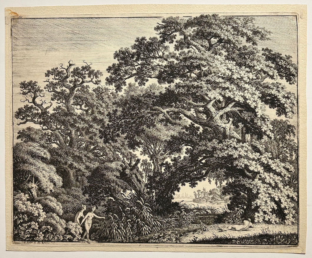 C.W. KOLBE Forêt de chênes luxuriante avec deux filles dénudées et un jeune homme.  1800-1810. Eau-forte. 