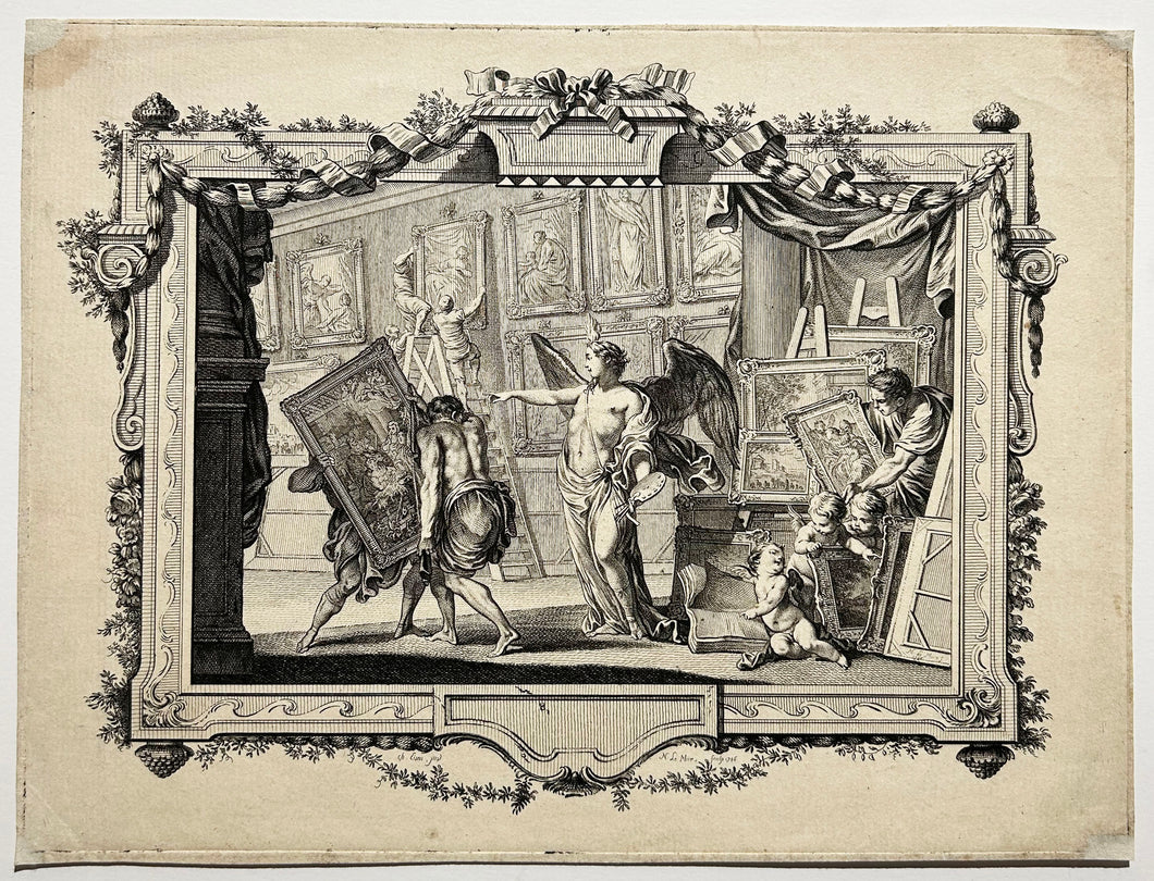 Noël LE MIRE Le Génie de la Peinture présidant à l'arrangement d'un cabinet. 1756. Eau-forte. 