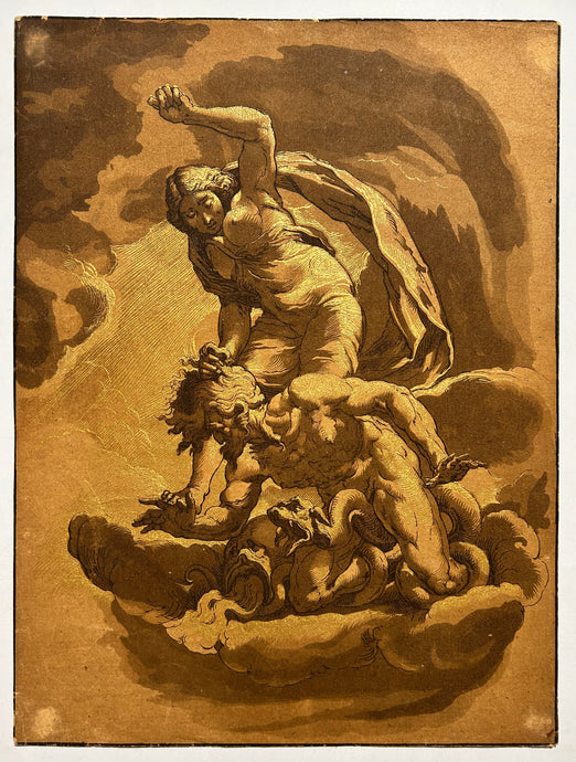 PRESTEL La Vertu terrassant les Vices. c.1780. Eau-forte et aquatinte en couleurs. 