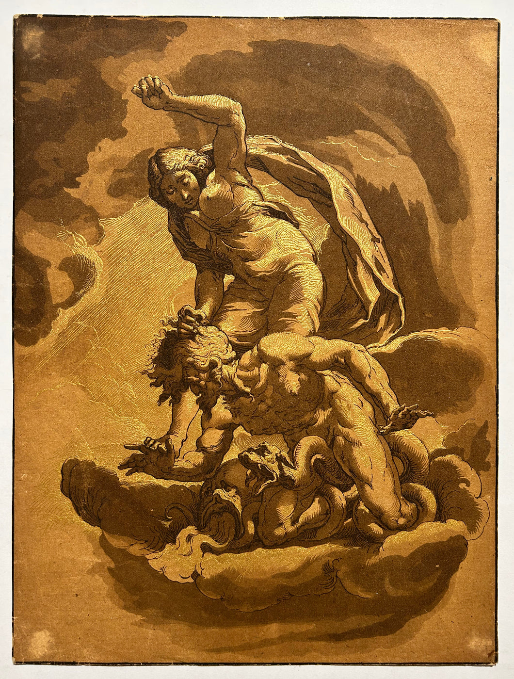 PRESTEL La Vertu terrassant les Vices. c.1780. Eau-forte et aquatinte en couleurs. 