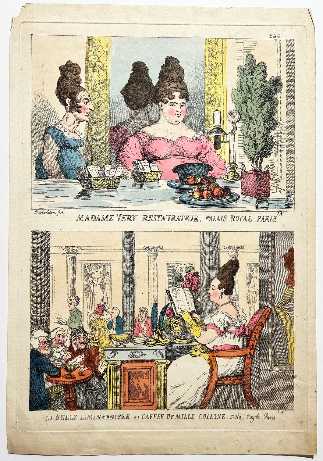 ROWLANDSON Madame Very restaurateur, Palais Royal Paris & La belle Liminaudière au Café de Mille Collone, Palais Royal Paris.  c.1814. Gravure en coloris ancien. 