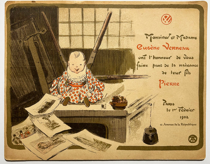 Faire-part de naissance.  1902. Lithographie en couleurs. 