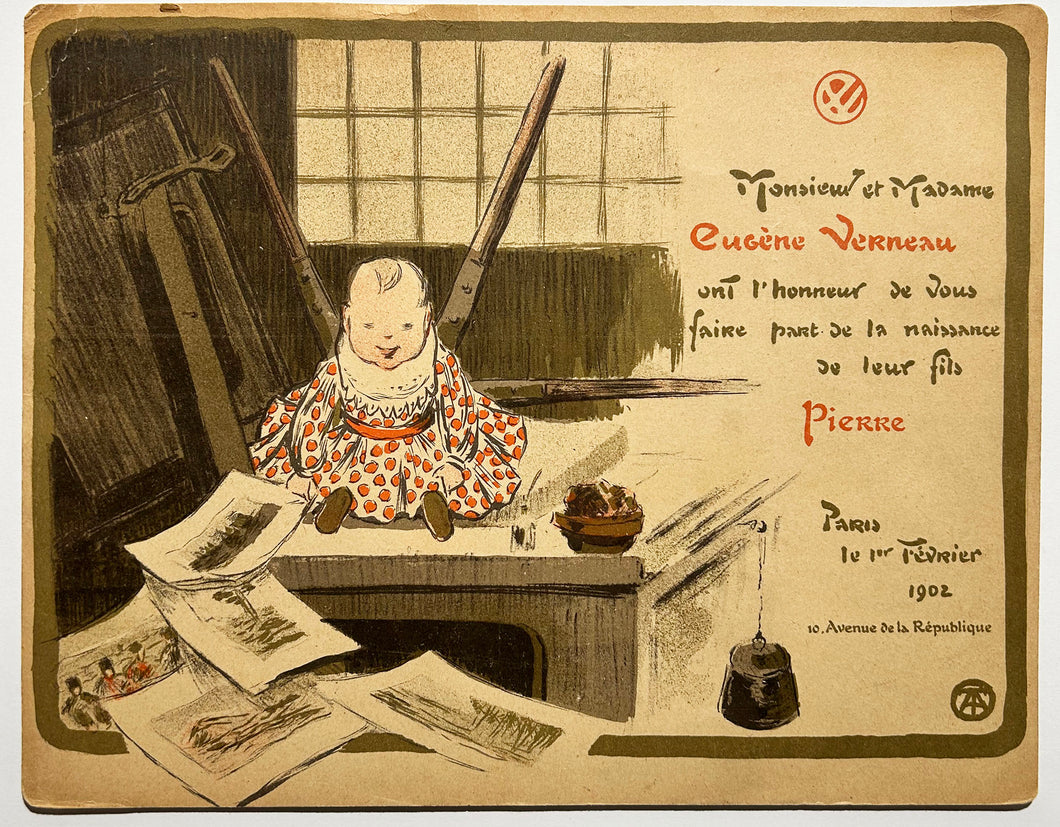 Faire-part de naissance.  1902. Lithographie en couleurs. 
