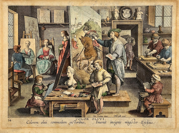STRADANUS Color olivi (L'invention de la peinture à l'huile ou Atelier de peintres).  c.1591. Burin en coloris ancien. 