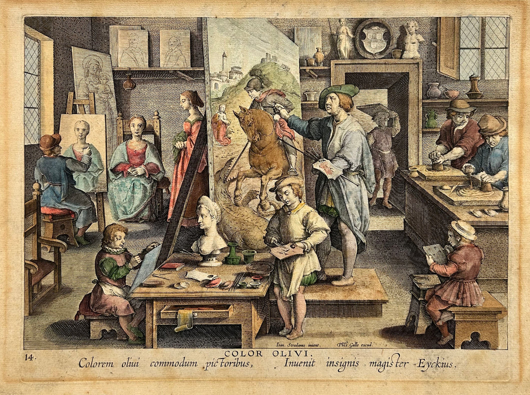 STRADANUS Color olivi (L'invention de la peinture à l'huile ou Atelier de peintres).  c.1591. Burin en coloris ancien. 