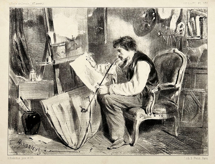 ANDRIEUX Clément-Auguste L'amateur (Autoportrait à la pipe). Lithographie. 
